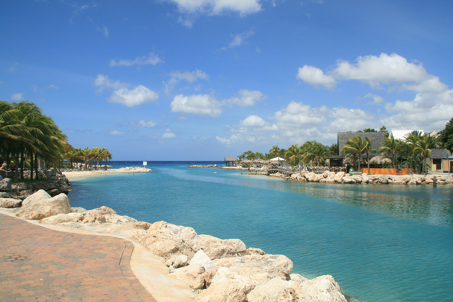 Turquoise bay with palm trees and rocks on the coast of Curaçao